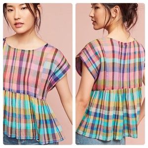 Anthropologie Holding Horses Plaid Peplum Top